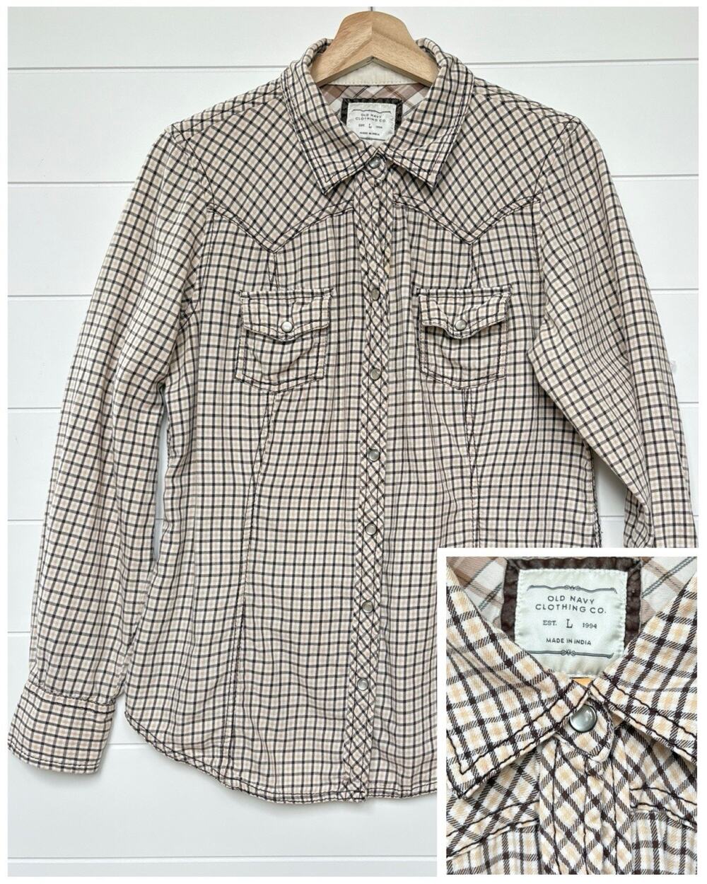 Old Navy Western Pearl Snap Button‎ Up Shirt Plaid Cotton Flannel Cream Brown L